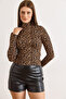 Women's Leopard Brown Turtleneck See-Through Stretchy Blouse Blz-19003169 - 6
