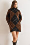 Women's Brown Black Mock Neck Diamond Pattern Knitwear Tunic Dress Elb-19002579 - 5