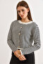 Women's Black Crew Neck Striped Basic Knit Cardigan Hrk-19000456 - 2