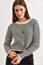 Women's Black Crew Neck Striped Basic Knit Cardigan Hrk-19000456 - 4