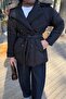 Fur Collar Tie Detail Coat Black - 3