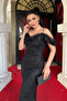 Full Beaded Fabric Boat Neck Fish Evening Dress - Black - 3