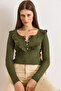 Women's Khaki Ruffled Placket Ribbed Knit Blouse Blz-19001667