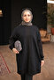 Black Crew Neck Self Patterned Elastic Sleeve Tunic