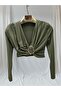 Women's Diver Fabric Buckled Shoulder Pad Piece Crop Blouse - 3