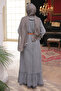 Smoked Collar Stone Detail Half Zipper Belted Denim Dress - 4