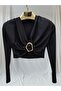 Women's Diver Fabric Buckled Shoulder Pad Piece Crop Blouse - 3