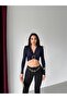 Women's Diver Fabric Buckled Shoulder Pad Piece Crop Blouse