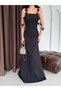 Black Strap Floral Detailed Long Evening Dress - 5