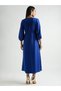 Women Blue Satin Ruched Waist Midi Dress - 2