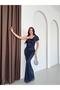 Navy Blue Collar Detailed Sequined Long Evening Dress - 2