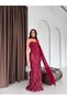 Burgundy Strapless Rhinestone Shawl Detail Long Mermaid Evening Dress - 2