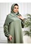 Women Green Ruched Sleeves Jalabiya with Headscarf - 6