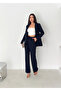 Navy Blue Laser Cut Blazer Jacket Palazzo Pants Suit - 2