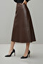 Women's Midi Length High Waist A-Line Leather Skirt Bitter Brown - 3