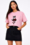Woman with Cat Mask Printed Oversized Unisex Cotton Pink Tshirt - T-Shirt