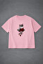 Woman with Cat Mask Printed Oversized Unisex Cotton Pink Tshirt - T-Shirt - 2