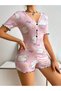 Women's Pink Lamb and Sleep Pattern Shorts Nightgown Cotton Buttoned Long Sleeve Pajama Jumpsuit - 3