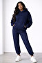Women's Navy Blue Oversized Hooded Tracksuit Set with Kangaroo Pocket, Cotton-Lined, Comfortable Fit