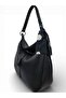 Black Soft Textured Women's Shoulder Bag with Scarf Detail - 3