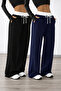 2-Piece White Belted High Waist Women's Wide Leg Sweatpants