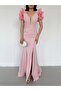 Powder Shoulder Detailed V-Neck Stone Embroidered Evening Dress - 4