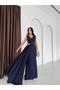 Navy Blue Waist Detailed Sequin Embroidered Evening Dress - 5
