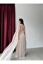 Stone Drapey Chiffon Cape Sleeve Long Evening Dress - 5