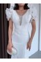 White Shoulder Detail V-Neck Stone Embroidered Evening Dress - 4