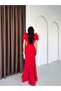 Red Shoulder Detail V-Neck Stone Embroidered Evening Dress - 6