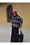 Women's Black Oversized Fleece-Lined Plaid Polo Neck Sweater 5593 - 4