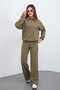 Women's Khaki Color Tracksuit Set Oversize Zippered Sweatshirt Pants - 2