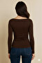 Open Shoulder Side Ruched Detail Sandy Knitted Brown Blouse - 3