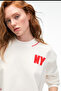 Delyra Women's Crew Neck Relaxed Cut Embroidery Detailed Ecru Sweatshirt - 4