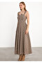 Coffee Checkered A-Line Mid-Length Square Neck Dress - 2