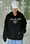 Women's Black 1898 Printed 3 Thread Threaded Hooded Oversize Loose Fit Hoodie Sweatshirt - 2