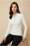 Tujal Women's Ultra Soft Textured Slim Fit Polo Neck Button down Long Sleeve Blouse & Top - Ecru - 3