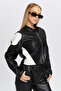 Women's Oversize Zippered Collar Snap Fastener Shoulder and Skirt White Patterned College Racer Jacket Biker Coat - 4