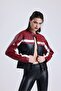 Women's Oversize Printed Biker Jacket Zippered College Coat Bomber Leather Racer Coat Red - 2