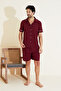 Burgundy Men's Short Sleeve Cotton Shirt Collar Buttoned Piping Shorts Suit 7821 - 2