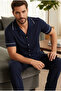 Navy Blue Men's Short Sleeve Cotton Shirt Collar Button Ribbed Pajamas Suit 7822