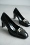 Vionna Women's Black Patent Leather Crocodile Heeled Shoes with Gold Accessories (6.5 cm)....