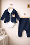 Teddy Bear Embroidered Jacket Baby Set 100% Cotton Navy Blue Set of 3 (Body + Jacket + Bottoms) - 3