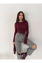 Women's Burgundy Transparent Boat Neck Cashmere Lightweight Blouse - 3
