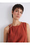 Brown Crew Neck Metal Buckle Drawstring Blouse - 3
