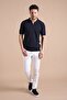 Navy Blue Polo Collar Zippered 100% Cotton Men's Knitwear T-shirt - 4