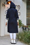 Women's Navy Blue Hooded Long Sleeve Pocket Lined Gathered Midi Oversize Casual Woven Trench Coat - 2