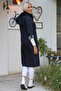 Women's Navy Blue Hooded Long Sleeve Pocket Lined Gathered Midi Oversize Casual Woven Trench Coat - 6