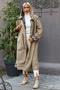 Women's Beige Hooded Long Sleeve Pocket Lined Gathered Maxi Oversize Casual Woven Trench Coat - 6