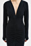 Navy Blue Ruched Detail and Glitter V-Neck Midi Dress 2947 R6-D-K3 - 6